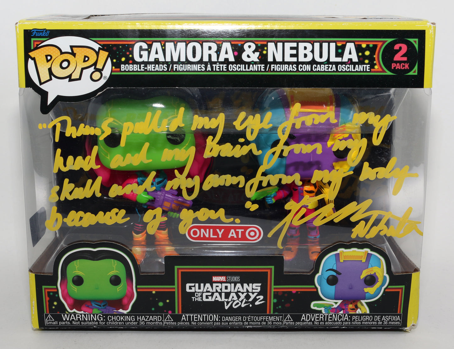 
                  
                    Karen Gillan as Nebula with Gamora in Guardians of the Galaxy Vol. 2 Black Light Target Exclusive (SWAU) Signed Funko POP! 2-pk with Character Name & Quote
                  
                