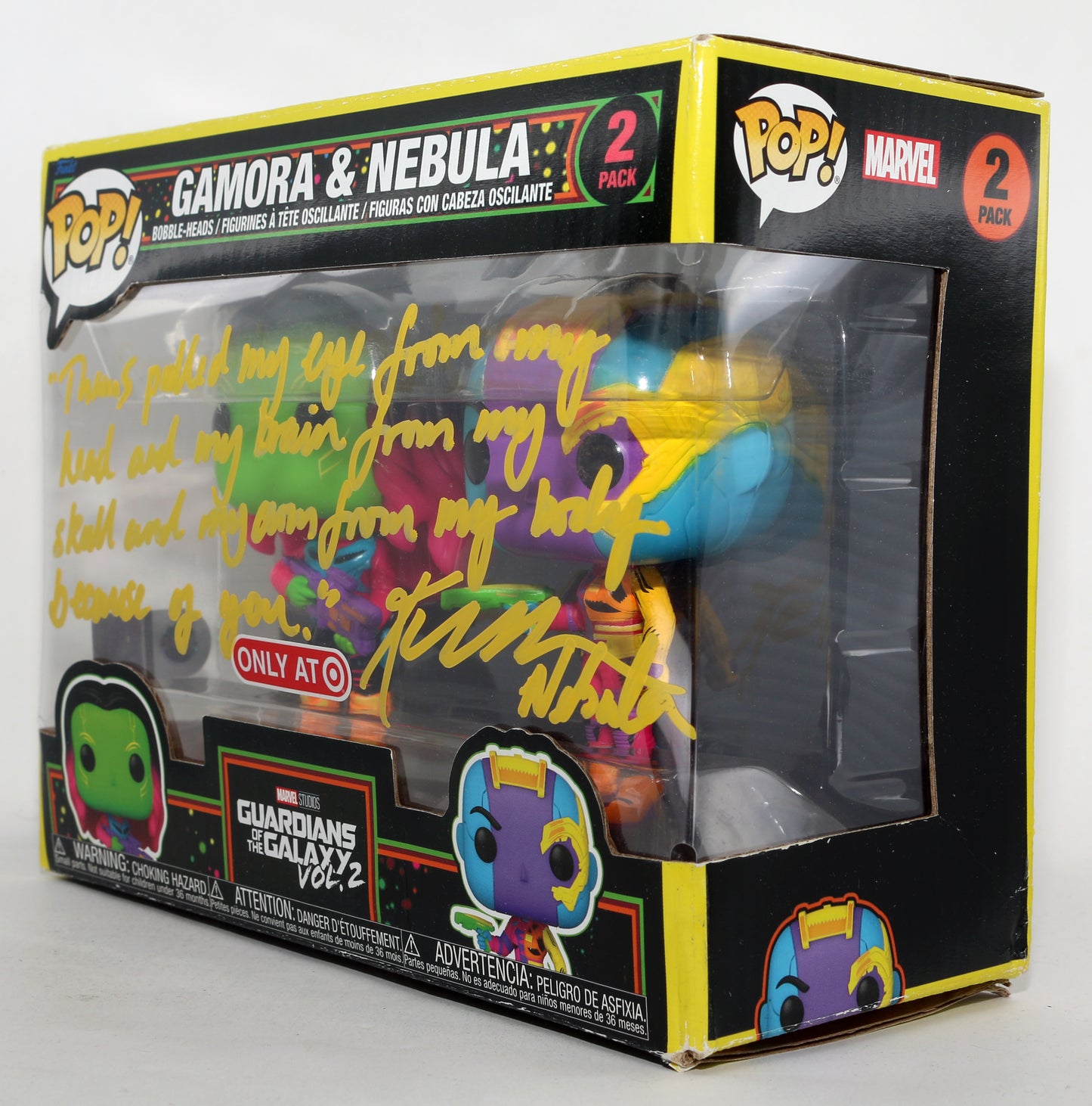
                  
                    Karen Gillan as Nebula with Gamora in Guardians of the Galaxy Vol. 2 Black Light Target Exclusive (SWAU) Signed Funko POP! 2-pk with Character Name & Quote
                  
                
