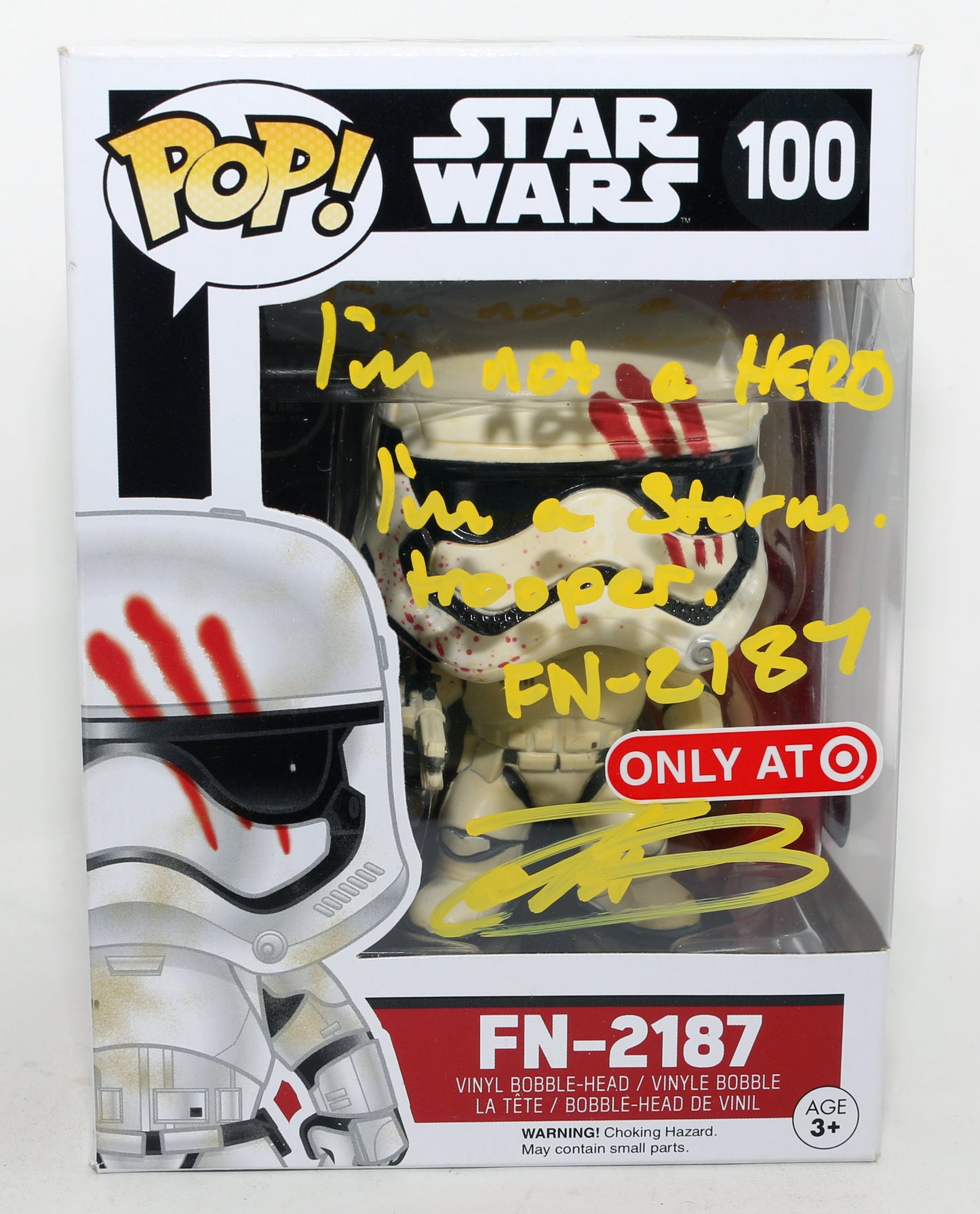 
                  
                    John Boyega as Finn in Star Wars: The Force Awakens Target Exclusive (SWAU) Signed Funko POP! #100 with Character Name & Quote
                  
                