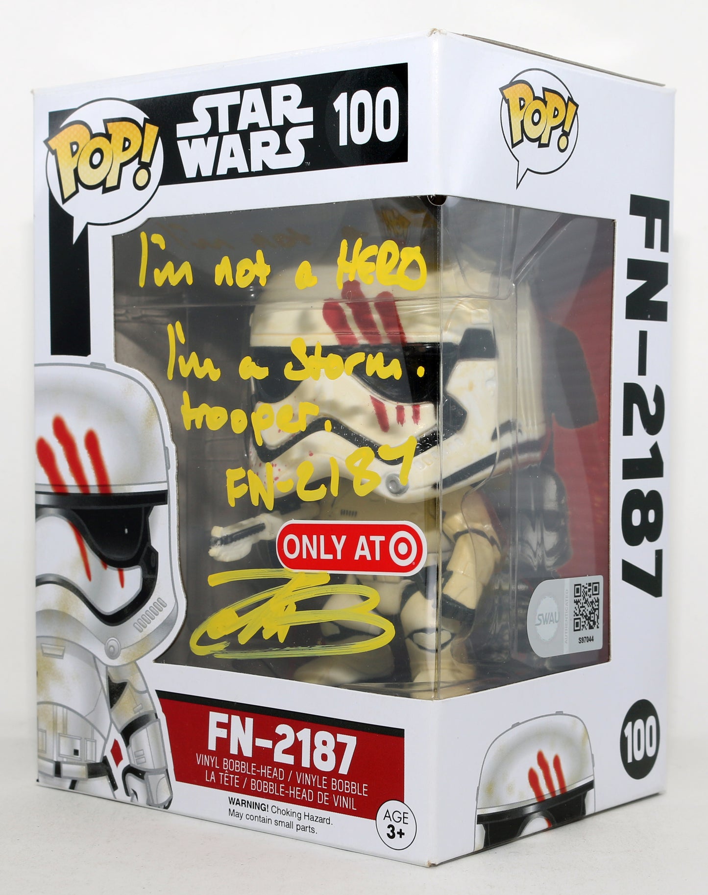 
                  
                    John Boyega as Finn in Star Wars: The Force Awakens Target Exclusive (SWAU) Signed Funko POP! #100 with Character Name & Quote
                  
                