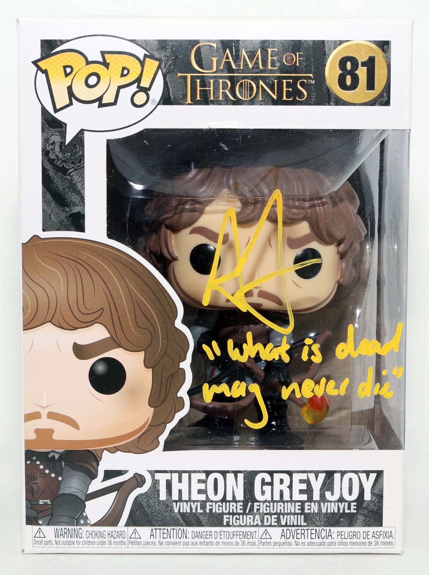 
                  
                    Alfie Allen as Theon Greyjoy in Game of Thrones Signed Funko POP! #81 with Quote
                  
                