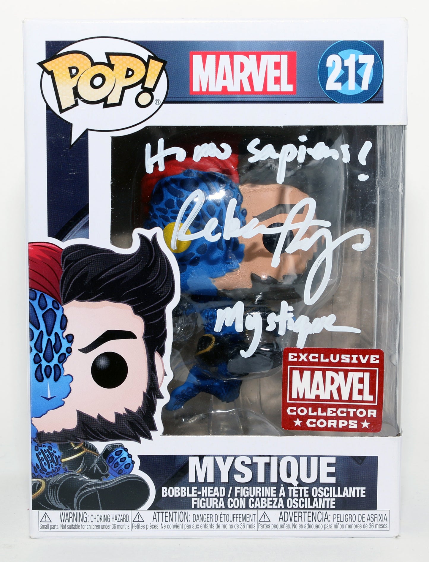 
                  
                    Rebecca Romijn as Mystique in X-Men Marvel Collector Corps Exclusive Signed Funko POP! #217 with Character Name & Quote
                  
                