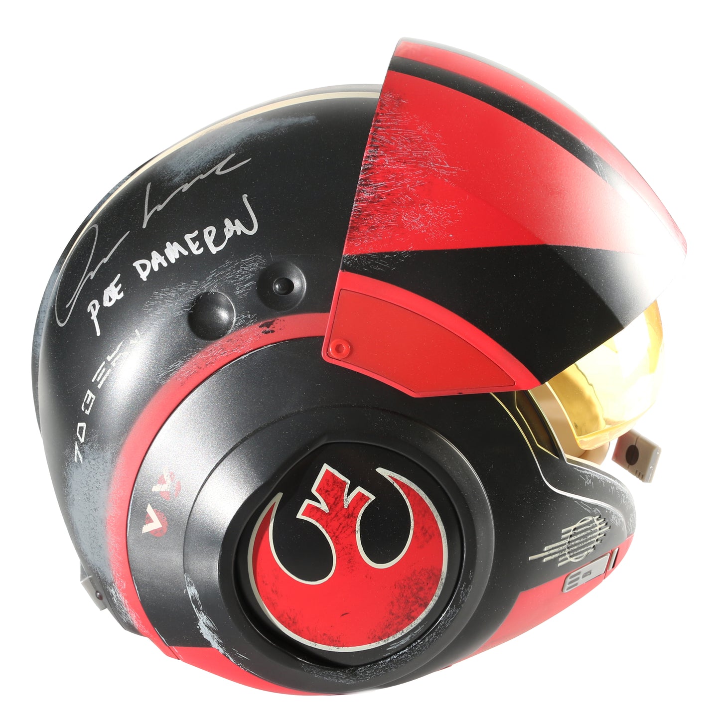 
                  
                    Poe Dameron from Star Wars: The Force Awakens Prop Replica Hasbro The Black Series Helmet Signed by Oscar Issac with Character Name
                  
                