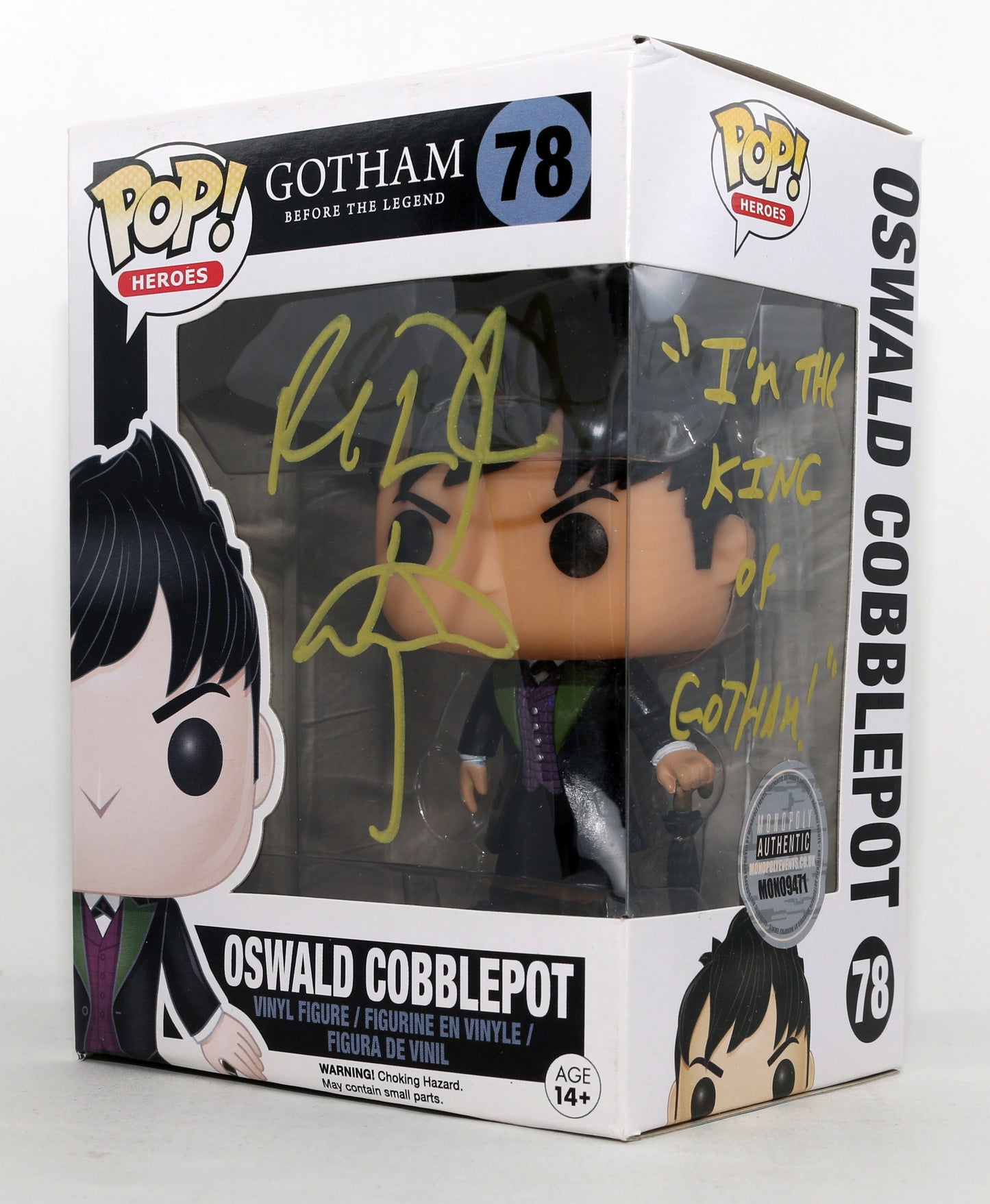 
                  
                    Robin Lord Taylor as Oswald Cobblepot in Gotham Signed Funko POP! #78 with Character Name, Quote, & Sketch
                  
                