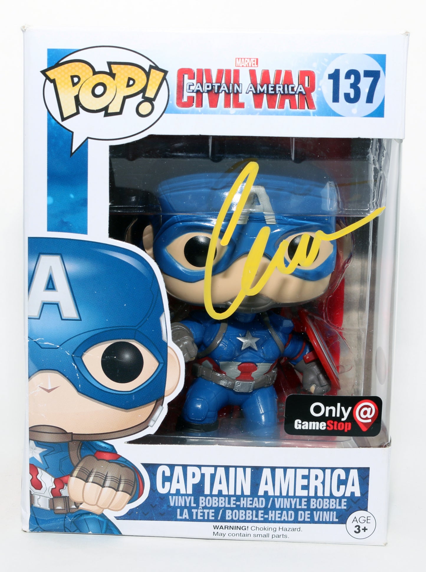 
                  
                    Chris Evans as Captain America in Captain America: Civil War GameStop Exclusive (JSA) Signed Funko POP! #137
                  
                