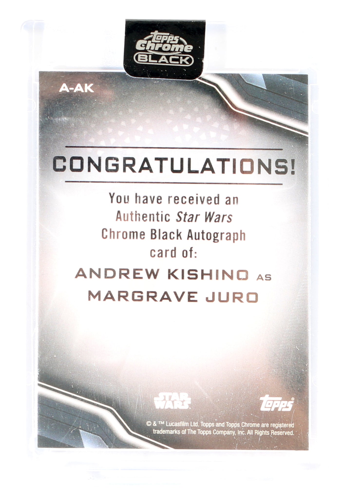 
                  
                    Andrew Kishino as Margrave Juro in Star Wars: Visions Signed Topps Chrome Black Trading Card A-AK
                  
                