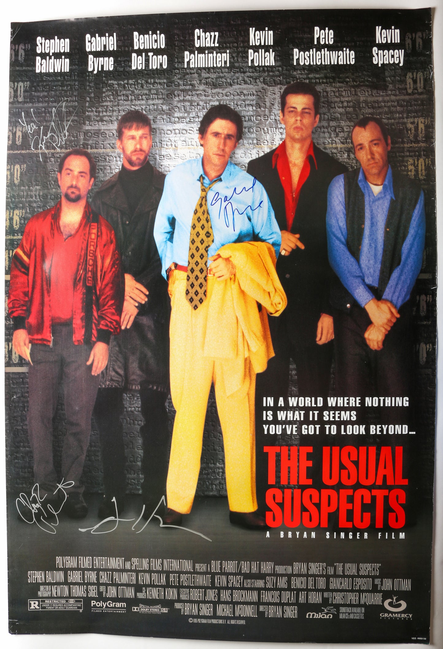 
                  
                    The Usual Suspects 27x40 Poster Cast Signed by Gabriel Byrne, Chazz Palminteri, Kevin Pollak, & Dan Hedaya
                  
                
