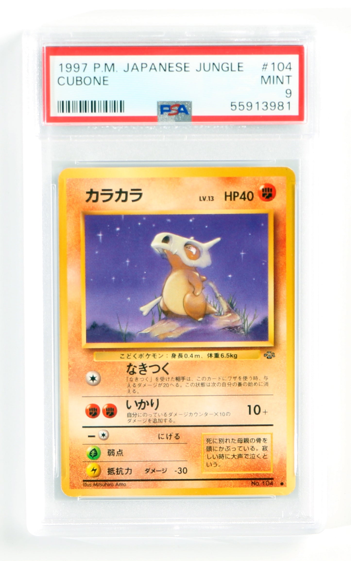 
                  
                    Cubone Jungle (PSA Encapsulated Grade Mint 9) 1997 Japanese Pokemon Trading Card #104
                  
                