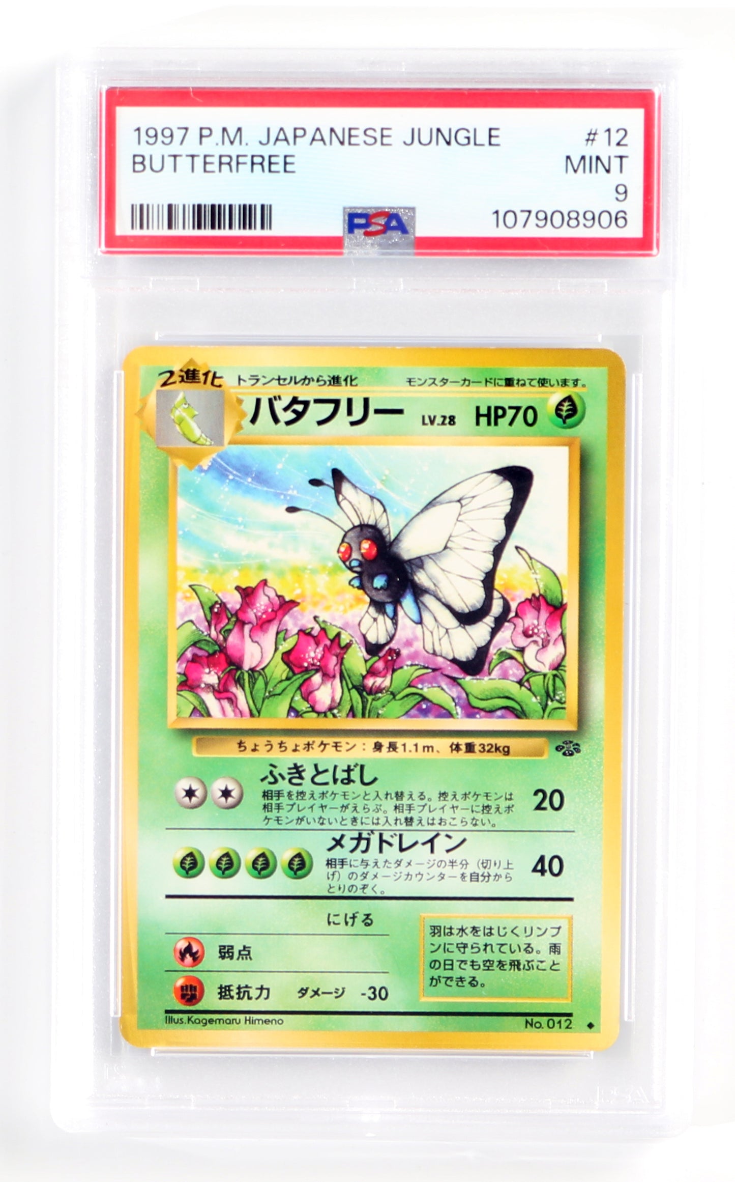 
                  
                    Butterfree Jungle (PSA Encapsulated Grade Mint 9) 1997 Japanese Pokemon Trading Card #12
                  
                
