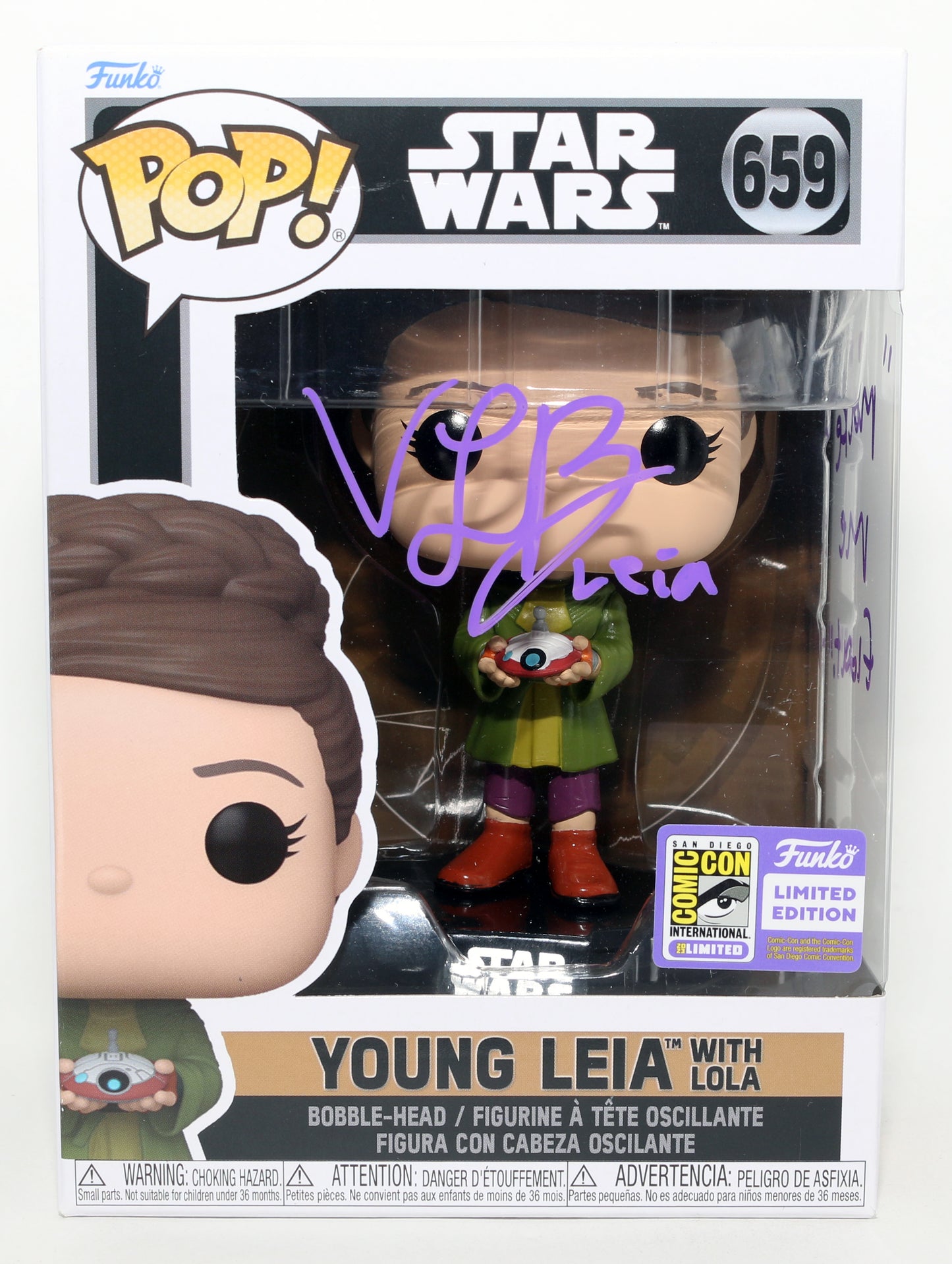 
                  
                    Vivien Lyra Blair as Princess Leia in Star Wars: Obi-Wan Kenobi 2023 SDCC Limited Edition (JSA) Signed Funko POP! #659 with Character Name & Quote
                  
                