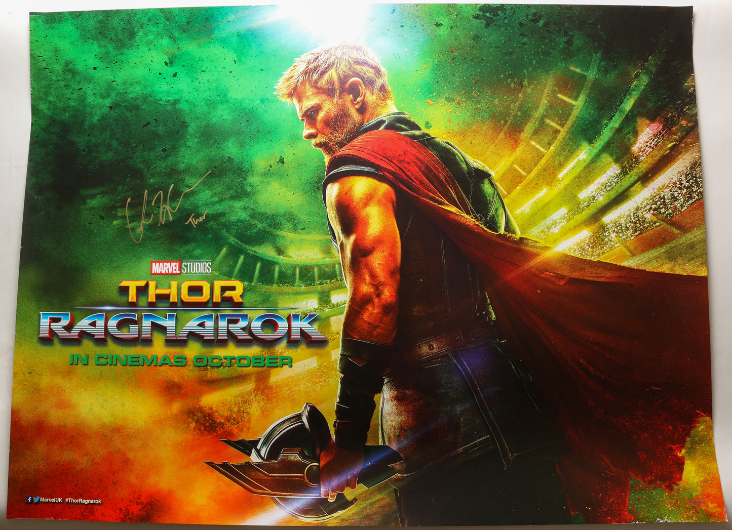 
                  
                    Chris Hemsworth as Thor in Thor: Ragnarok 30x40 British Quad Poster (SWAU) Signed with Character Name
                  
                