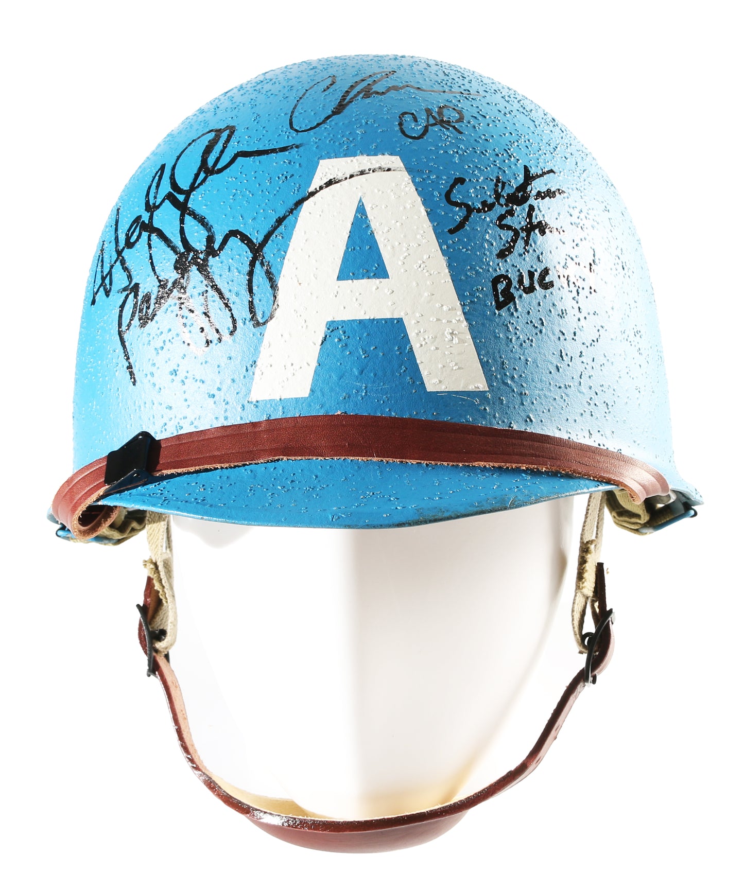 
                  
                    Chris Evans as Steve Rogers / Captain America, Hayley Atwell as Peggy Carter, & Sebastian Stan as Bucky Barnes in Captain America: The First Avenger Signed Prop Replica Helmet
                  
                