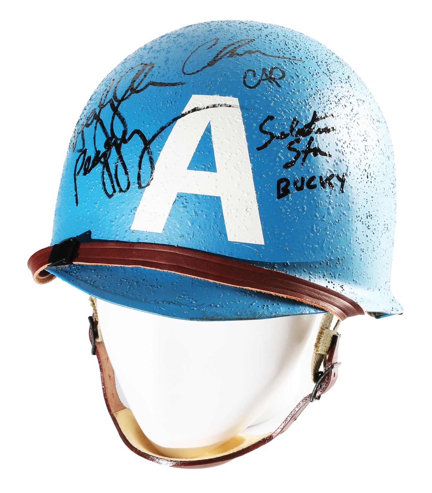 
                  
                    Chris Evans as Steve Rogers / Captain America, Hayley Atwell as Peggy Carter, & Sebastian Stan as Bucky Barnes in Captain America: The First Avenger Signed Prop Replica Helmet
                  
                
