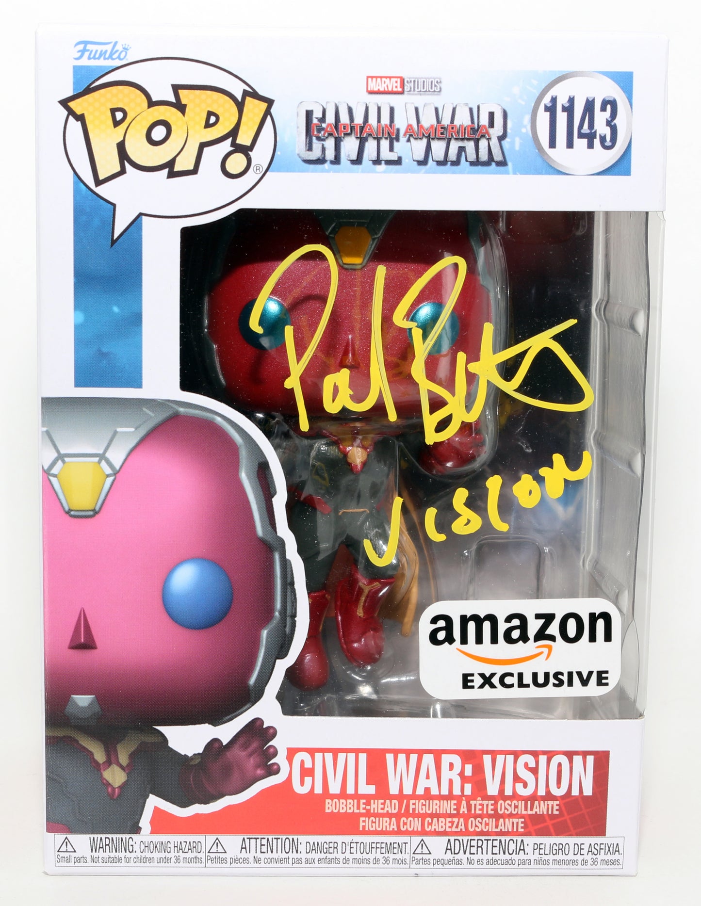
                  
                    Paul Bettany as Vision in Captain America: Civil War Amazon Exclusive (JSA) Signed Funko POP! #1143 with Character Name
                  
                
