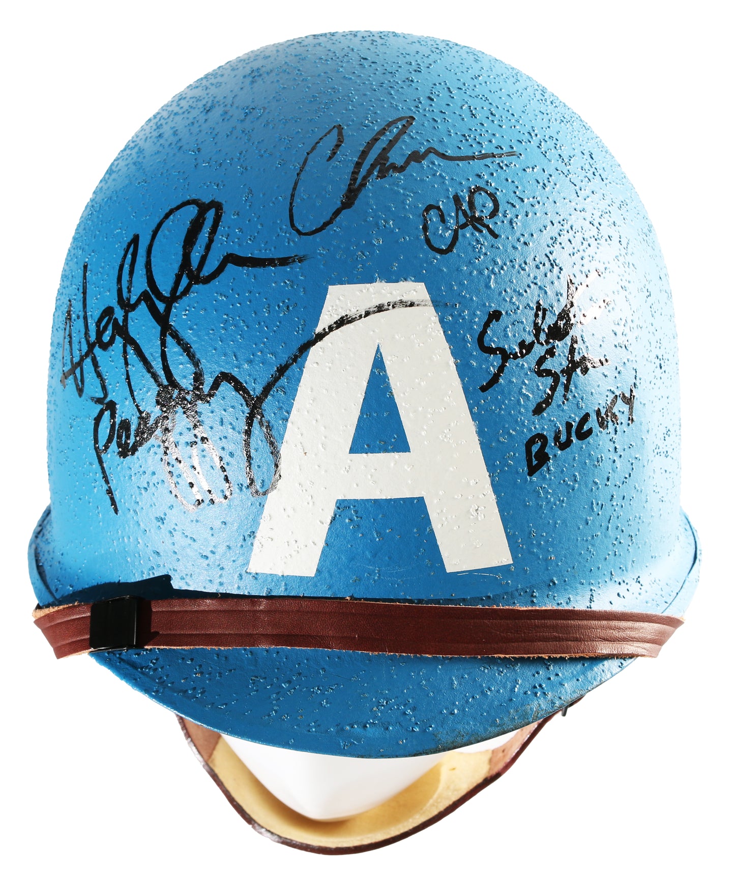 
                  
                    Chris Evans as Steve Rogers / Captain America, Hayley Atwell as Peggy Carter, & Sebastian Stan as Bucky Barnes in Captain America: The First Avenger Signed Prop Replica Helmet
                  
                