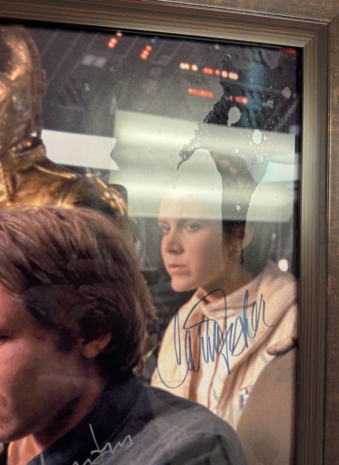 
                  
                    Harrison Ford as Han Solo, Carrie Fisher as Princess Leia, Peter Mayhew as Chewbacca, & Anthony Daniels as C-3PO in Star Wars: The Empire Strikes Back (Official Pix) Framed Signed 16x20 Photo with Character Names
                  
                