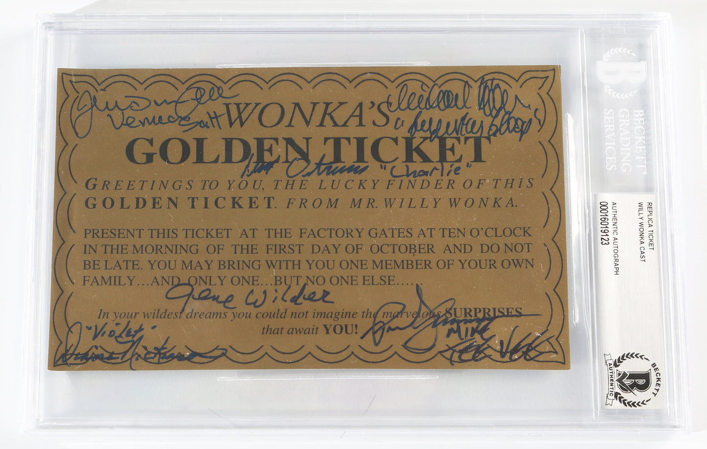 
                  
                    Willy Wonka & the Chocolate Factory Prop Replica Golden Ticket (Beckett Slabbed) Cast Signed by Gene Wilder and All Five Kids: Peter Ostrum, Denise Nickerson, Paris Themmen, Michael Bollner, & Julie Dawn Cole with Character Names
                  
                
