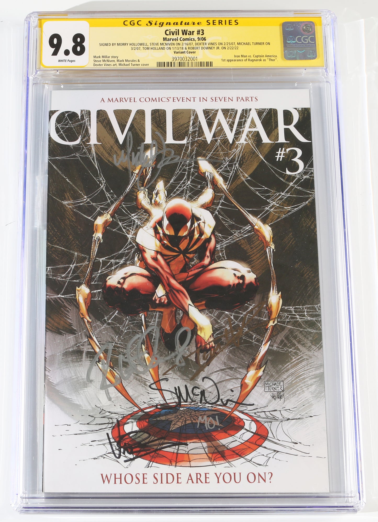 
                  
                    Civil War #3 - Signed by Robert Downey Jr., Tom Holland, Michael Turner, Dexter Vines, Steve McNiven, & Morry Hollowell (CGC Signature Series 9.8) 2006
                  
                