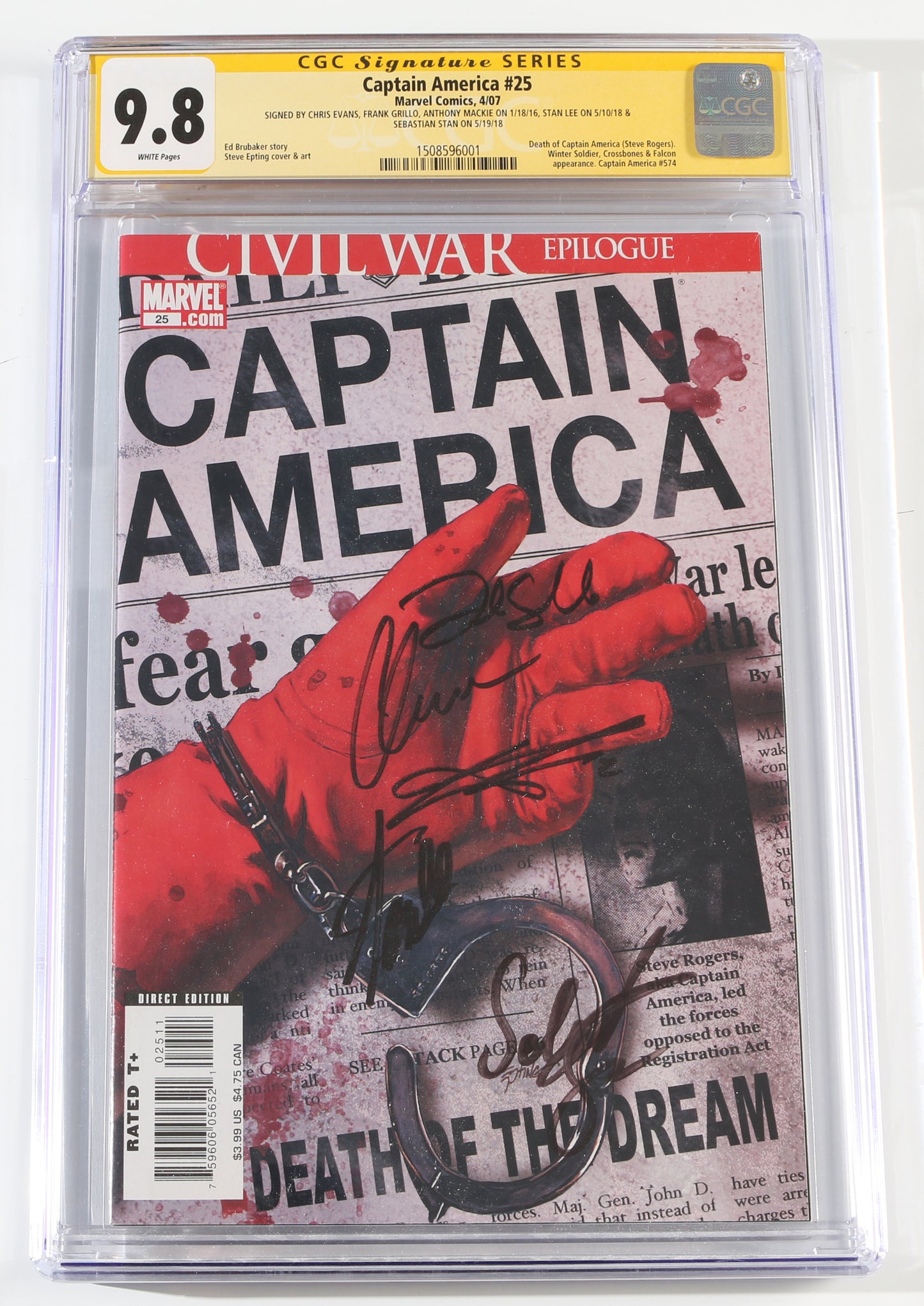 
                  
                    Captain America #25 - Signed by Chris Evans, Sebastian Stan, Anthony Mackie, Frank Grillo, & Stan Lee (CGC Signature Series 9.8) 2007
                  
                