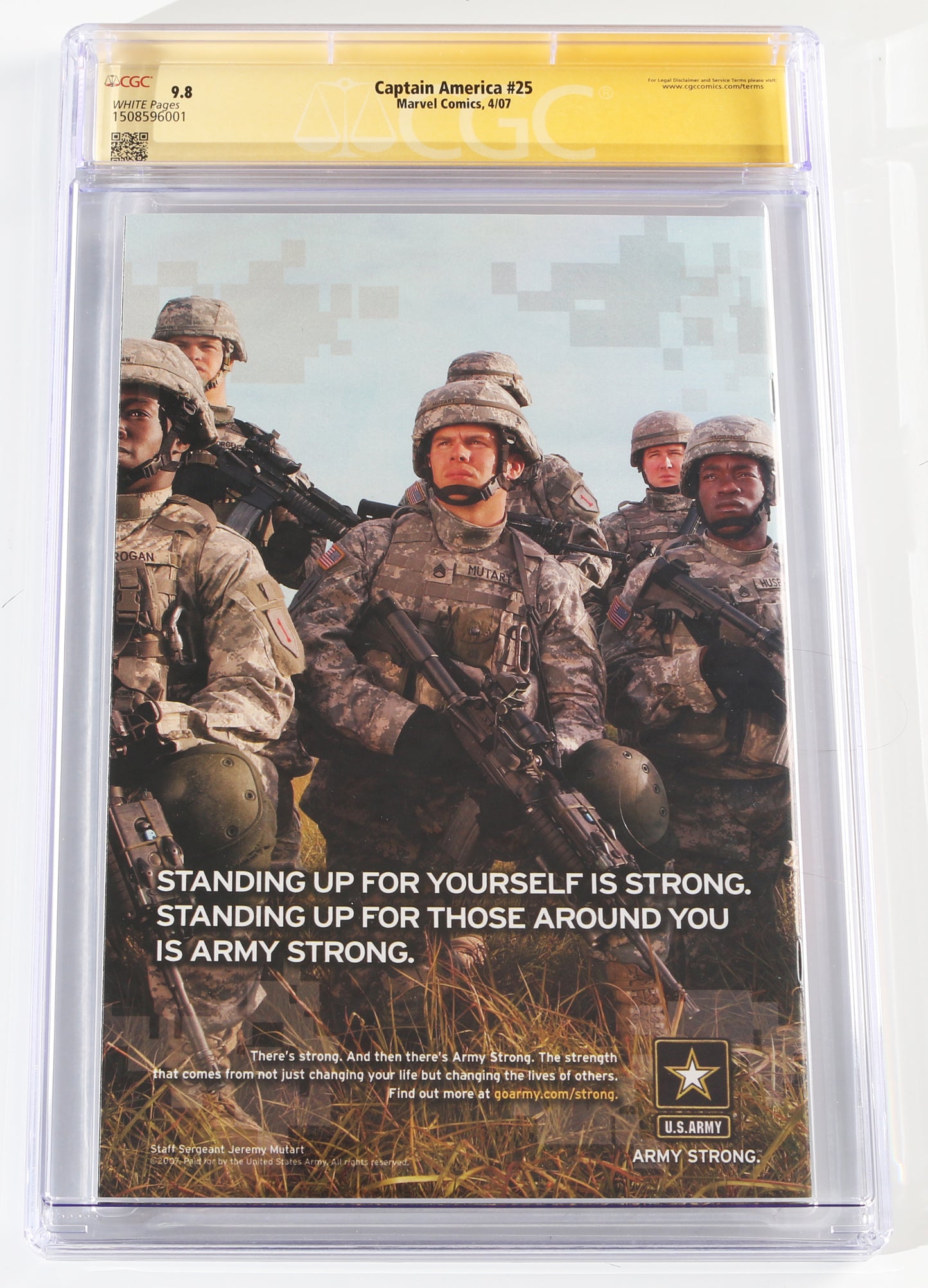
                  
                    Captain America #25 - Signed by Chris Evans, Sebastian Stan, Anthony Mackie, Frank Grillo, & Stan Lee (CGC Signature Series 9.8) 2007
                  
                