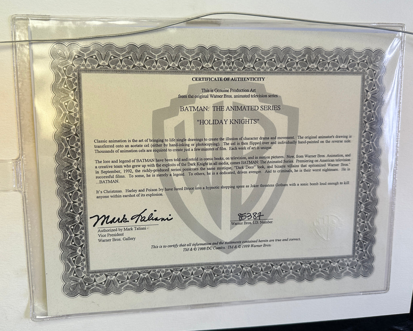 
                  
                    Mark Hamill as the Joker in Batman: The Animated Series 'Holiday Knights' Framed Signed Production Art Film Cel
                  
                
