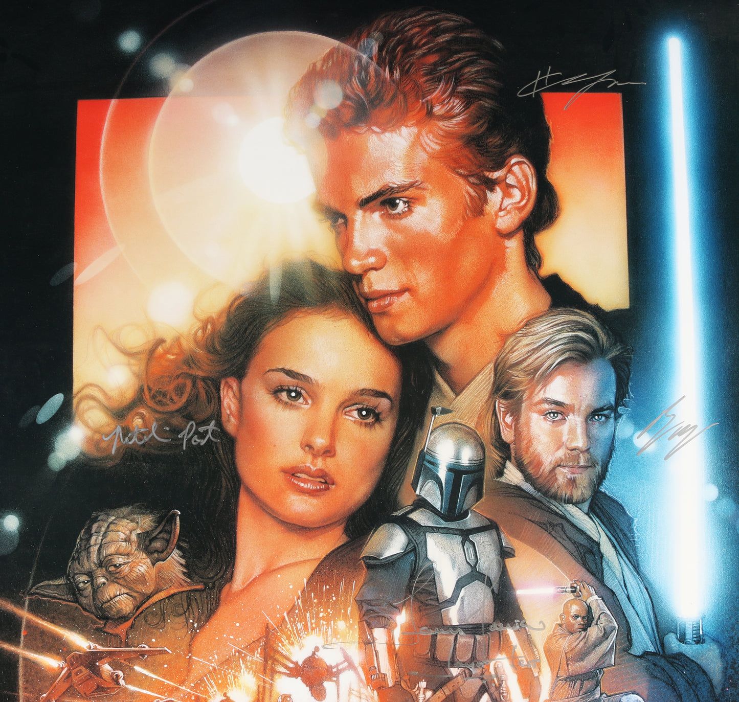 
                  
                    Star Wars Episode II: Attack of the Clones 27x40 Poster Cast Signed by Natalie Portman, Ewan McGregor, Hayden Christensen, Anthony Daniels, Temuera Morrison, & Daniel Logan with Character Names
                  
                