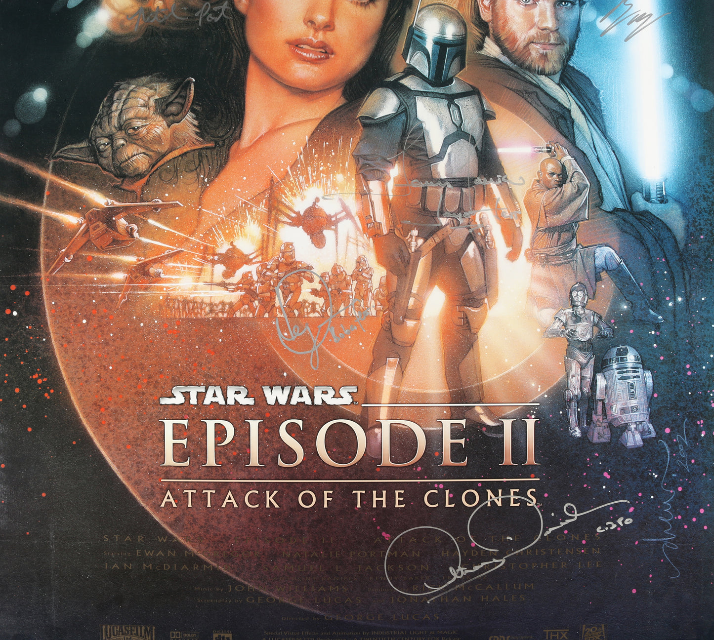 
                  
                    Star Wars Episode II: Attack of the Clones 27x40 Poster Cast Signed by Natalie Portman, Ewan McGregor, Hayden Christensen, Anthony Daniels, Temuera Morrison, & Daniel Logan with Character Names
                  
                