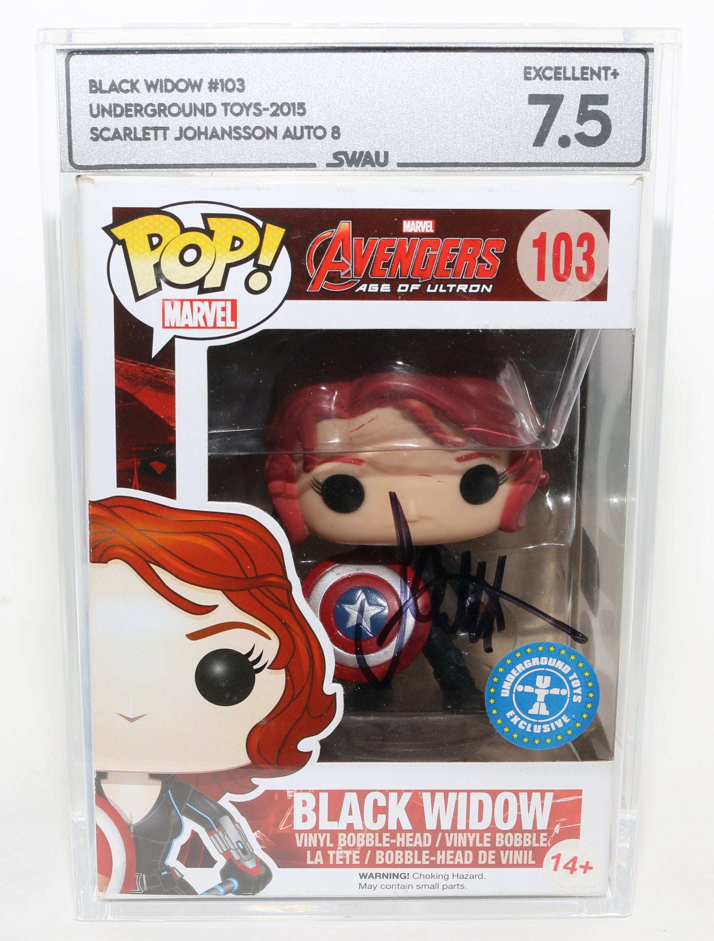 
                  
                    Scarlett Johansson as Natasha Romanoff / Black Widow in Avengers: Age of Ultron Underground Toys Exclusive (SWAU Encapsulated Grade 7.5 / Auto 8) Signed Funko POP! #103
                  
                