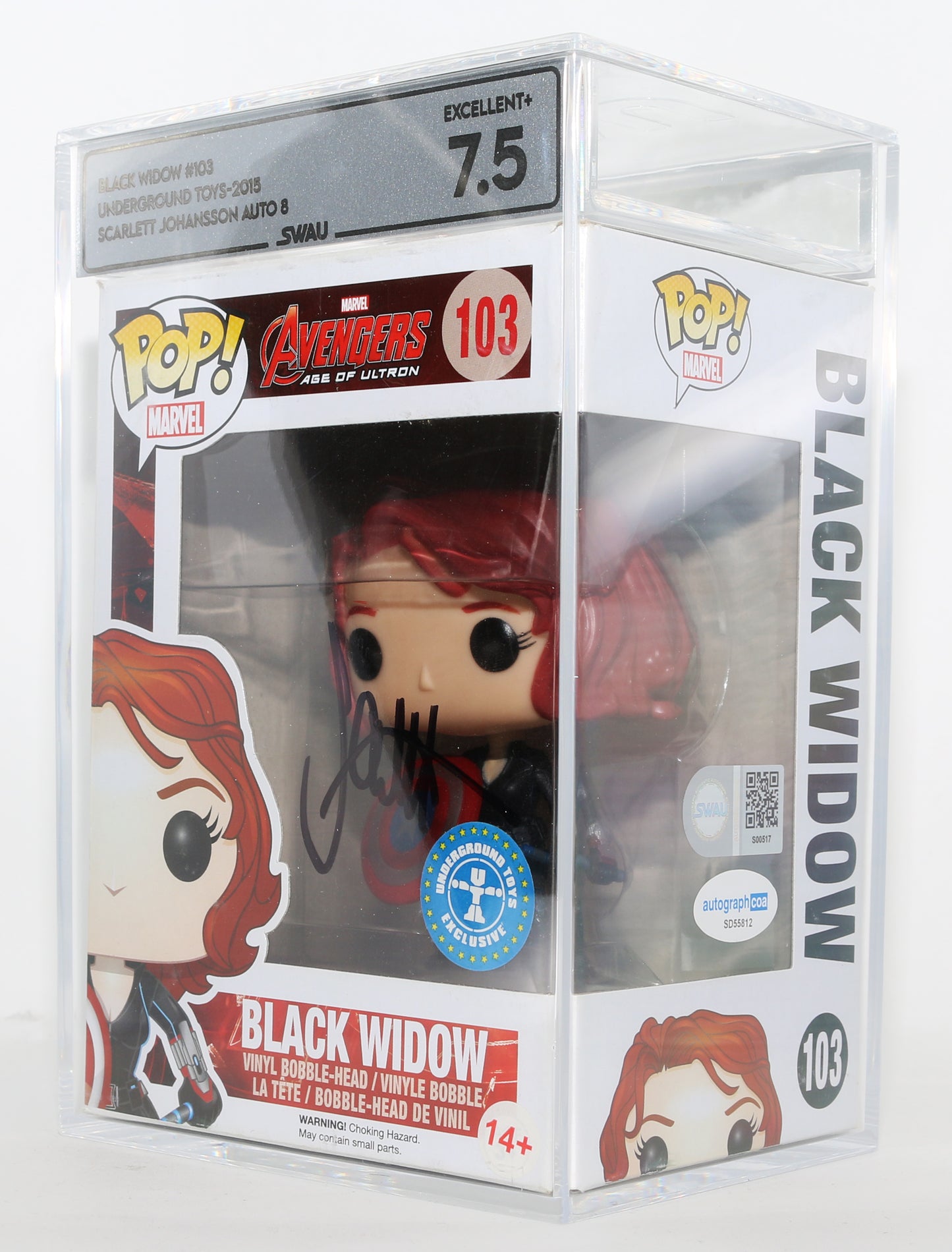 
                  
                    Scarlett Johansson as Natasha Romanoff / Black Widow in Avengers: Age of Ultron Underground Toys Exclusive (SWAU Encapsulated Grade 7.5 / Auto 8) Signed Funko POP! #103
                  
                