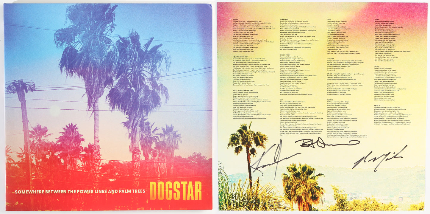 
                  
                    Dogstar: Somewhere Between the Power Lines & Palm Trees LP 12" Vinyl Record Insert Band Signed by Keanu Reeves, Robert Mailhouse, & Bret Domrose
                  
                