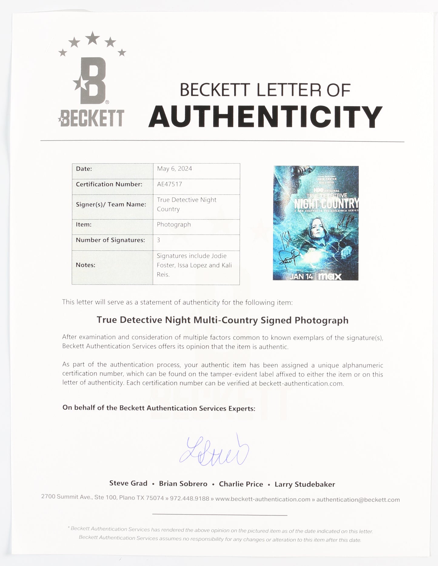 
                  
                    Jodie Foster as Chief Liz Danvers, Kali Reis as Trooper Evangeline Navarro, & Issa López Showrunner of True Detective: Night Country (Beckett) Signed 12x18 Mini Poster
                  
                