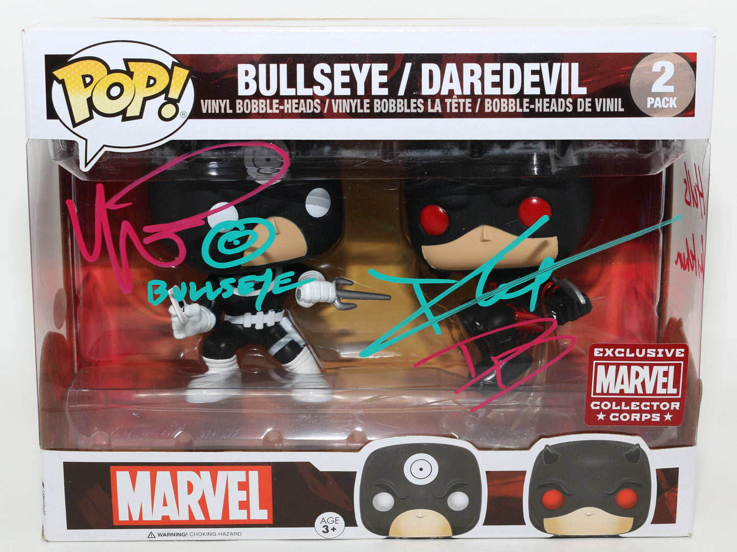 
                  
                    Charlie Cox as Daredevil & Wilson Bethel as Bullseye in Daredevil Marvel Collector Corps Exclusive (JSA) Signed Funko POP! 2-Pack with Character Names & Quote
                  
                