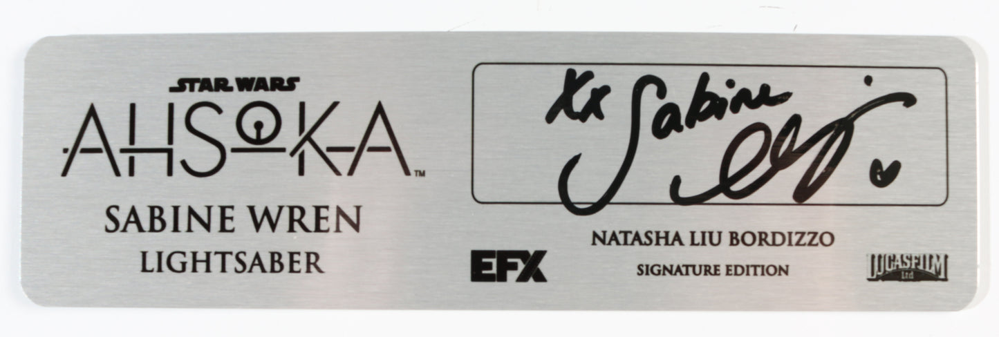
                  
                    Natasha Liu Bordizzo as Sabine Wren in Star Wars: Ahsoka (Official Pix) Signed Lightsaber Plaque with Character Name
                  
                