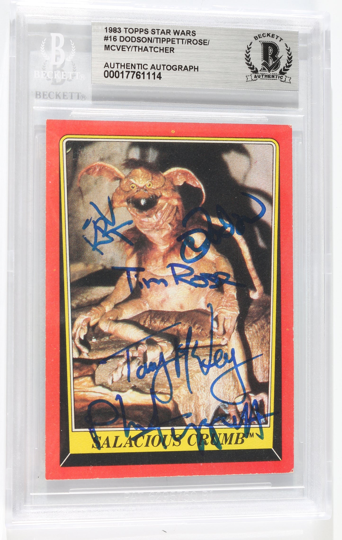 
                  
                    1983 Topps Star Wars Trading Card (Beckett Encapsulated) Signed by Terry Dodson, Kirk Thatcher, Tim Rose, Tony McVey, & Phil Tippett
                  
                