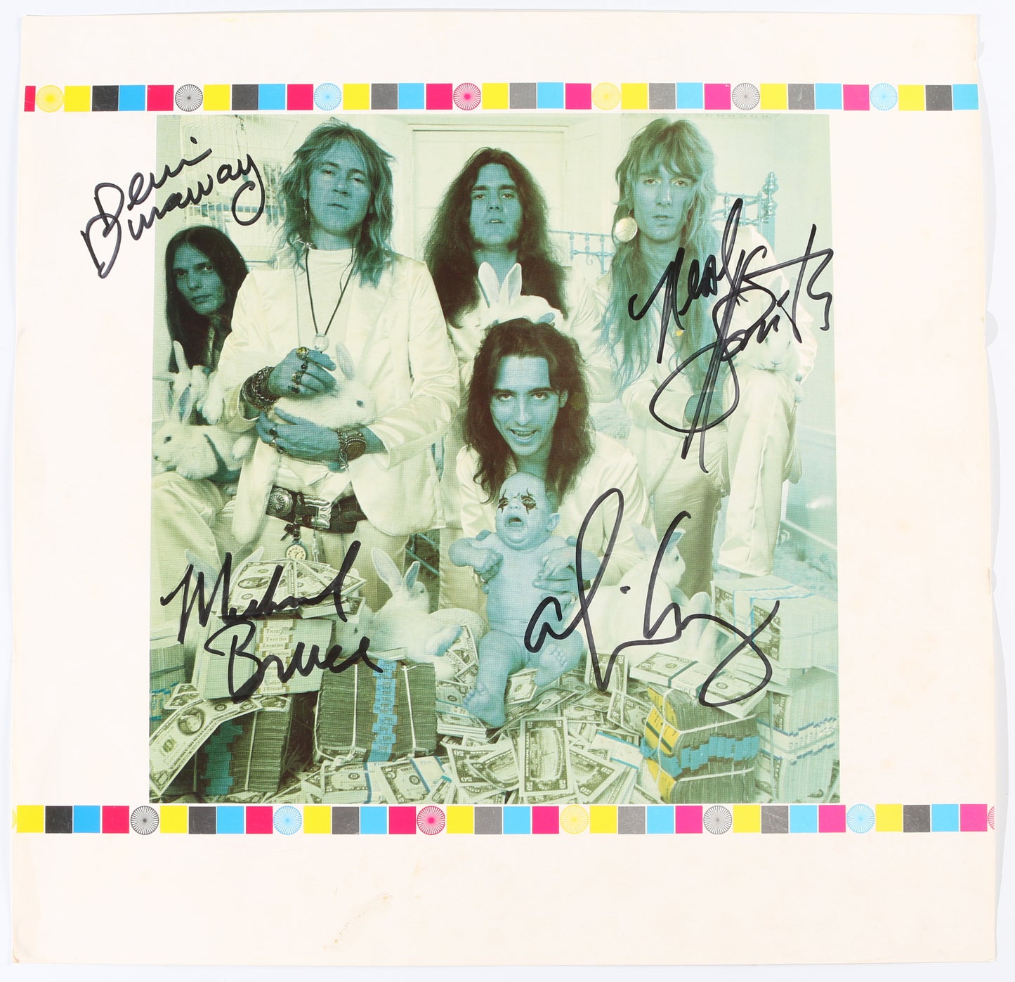 
                  
                    Alice Cooper: Billion Dollar Babies 3pc Test Proof Sheets Band Signed by Alice Cooper, Michael Bruce, Dennis Dunaway, & Neal Smith
                  
                