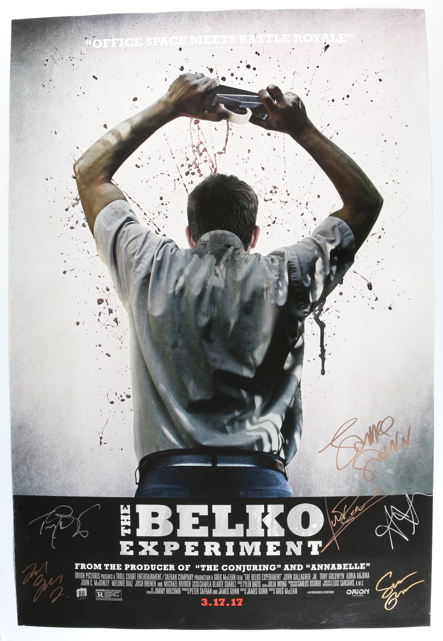 
                  
                    The Belko Experiment 27x40 Poster Cast Signed by Adria Arjona, John Gallagher Jr., Tony Goldwyn, Michael Rooker, Sean Gunn, & Writer: James Gunn
                  
                