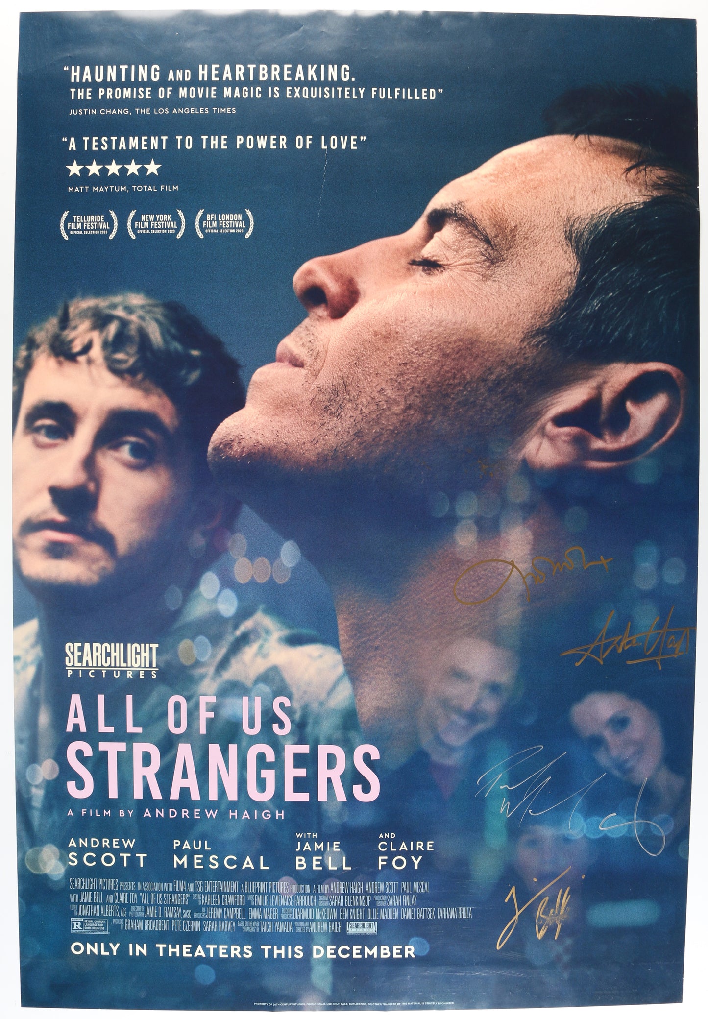 
                  
                    All of Us Strangers 27x40 Poster Cast Signed by Andrew Scott, Paul Mescal, Jamie Bell, Claire Foy, & Director: Andrew Haigh
                  
                