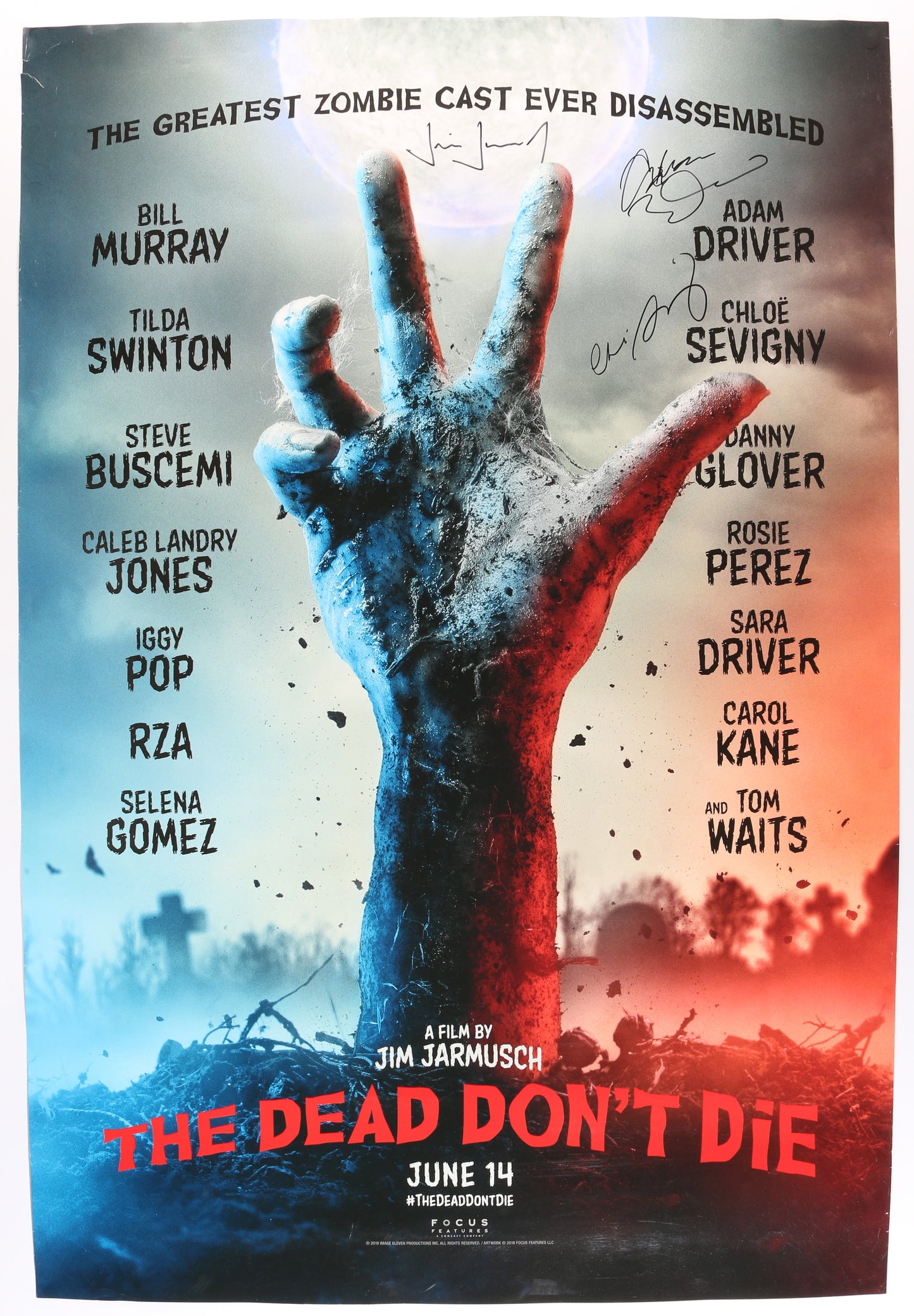 
                  
                    Adam Driver as Officer Ronnie Peterson, Chloë Sevigny as Officer Mindy Morrison, & Jim Jamusch Director of The Dead Don't Die Signed 27x40 Poster
                  
                