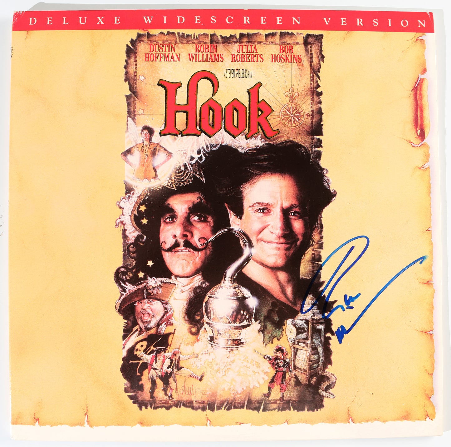 
                  
                    Robin Williams as Peter Banning / Peter Pan in Steven Spielberg's Hook Signed 12" Vinyl Record Sleeve
                  
                