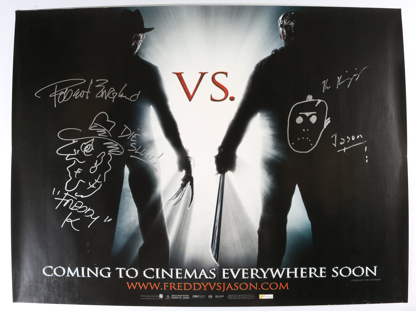 
                  
                    Robert Englund as Freddy Krueger & Ken Kirzinger as Jason Voorhees in Freddy vs Jason Signed 30x40 Poster with Character Names & Quote
                  
                