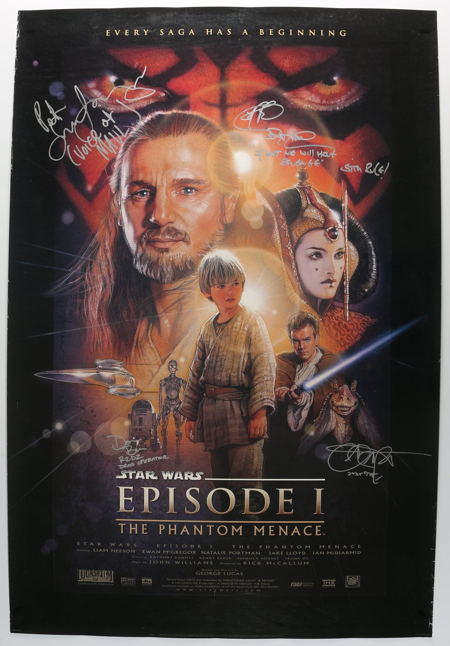 
                  
                    Star Wars Episode I: The Phantom Menace 27x40 Poster Cast Signed by Ray Park, Ahmed Best, Don Bies, & Peter Serafinowicz
                  
                