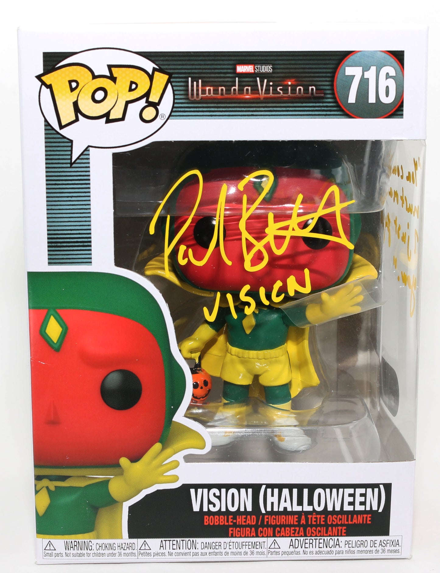 
                  
                    Paul Bettany as Vision [Halloween Costume] in WandaVision (SWAU) Signed Funko POP! #716 with Character Name & Quote
                  
                