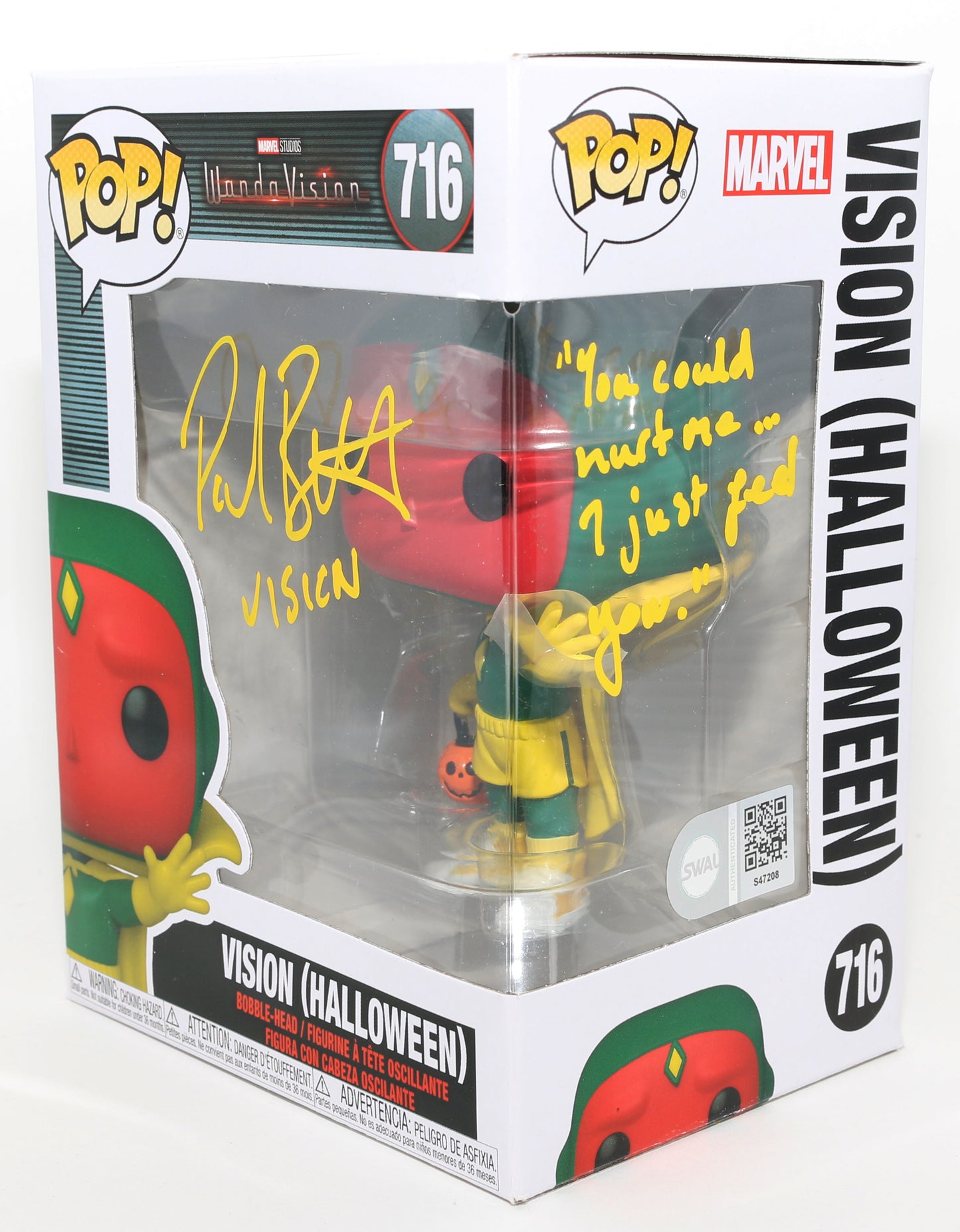 
                  
                    Paul Bettany as Vision [Halloween Costume] in WandaVision (SWAU) Signed Funko POP! #716 with Character Name & Quote
                  
                