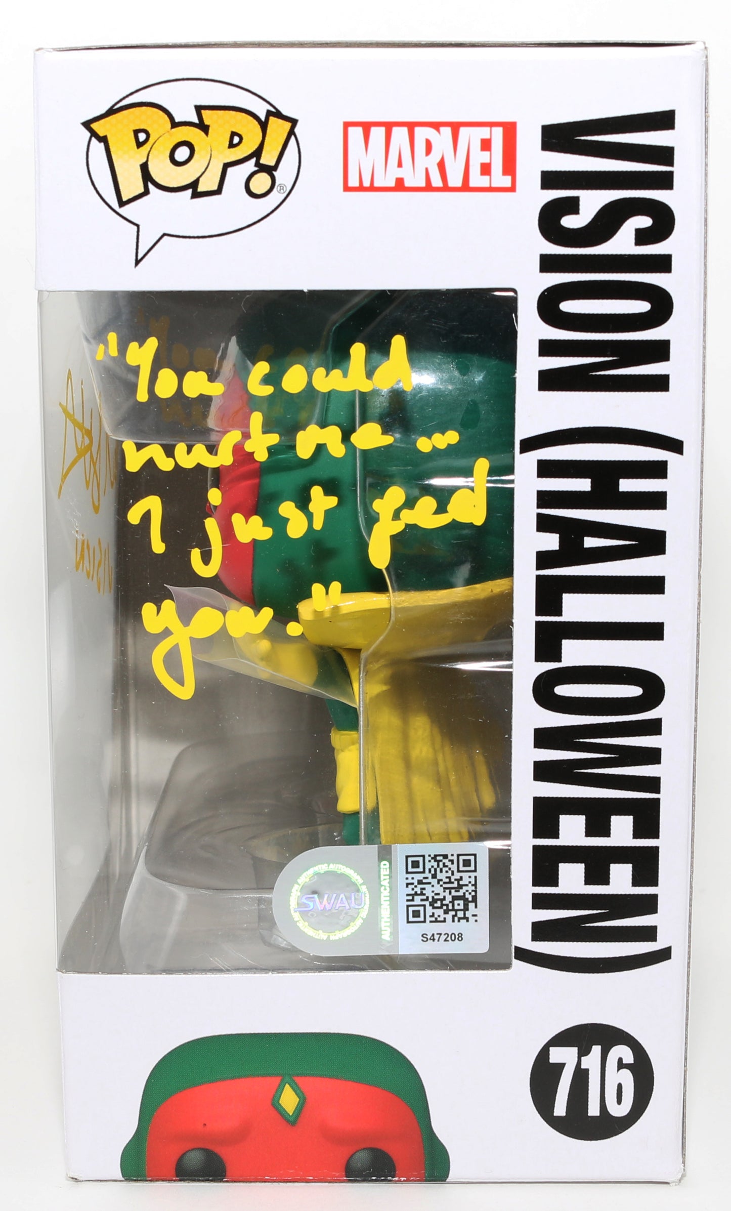 
                  
                    Paul Bettany as Vision [Halloween Costume] in WandaVision (SWAU) Signed Funko POP! #716 with Character Name & Quote
                  
                