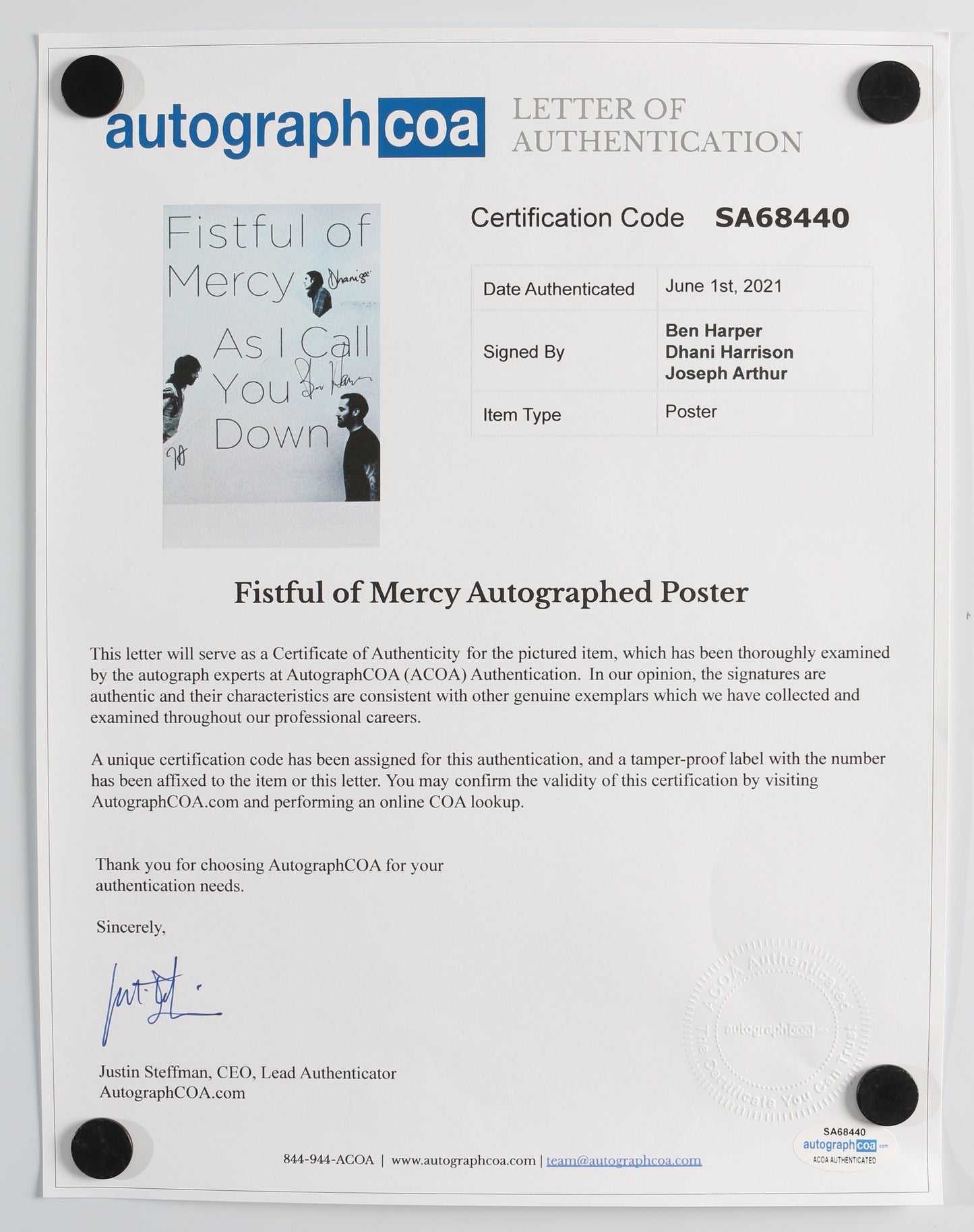 
                  
                    Fistful of Mercy: As I Call You Down 11x17 Poster Band Signed by Dhani Harrison, Ben Harper, & Joseph Arthur
                  
                