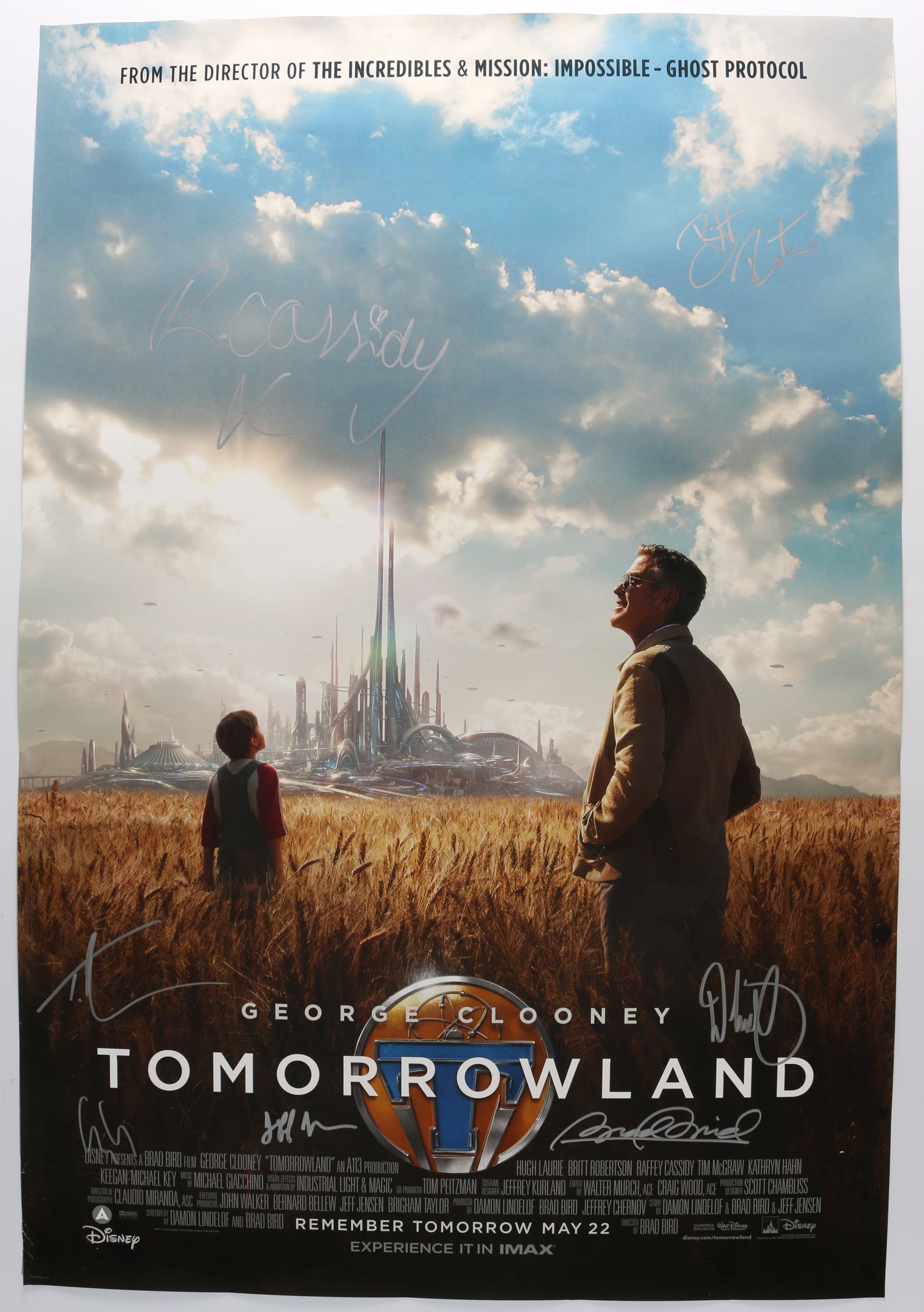 
                  
                    Tomorrowland 27x40 Poster Cast Signed by George Clooney, Britt Robertson, Raffey Cassidy, Tim McGraw, Writers: Damon Lindelof & Jeff Jensen, and Director: Brad Bird
                  
                