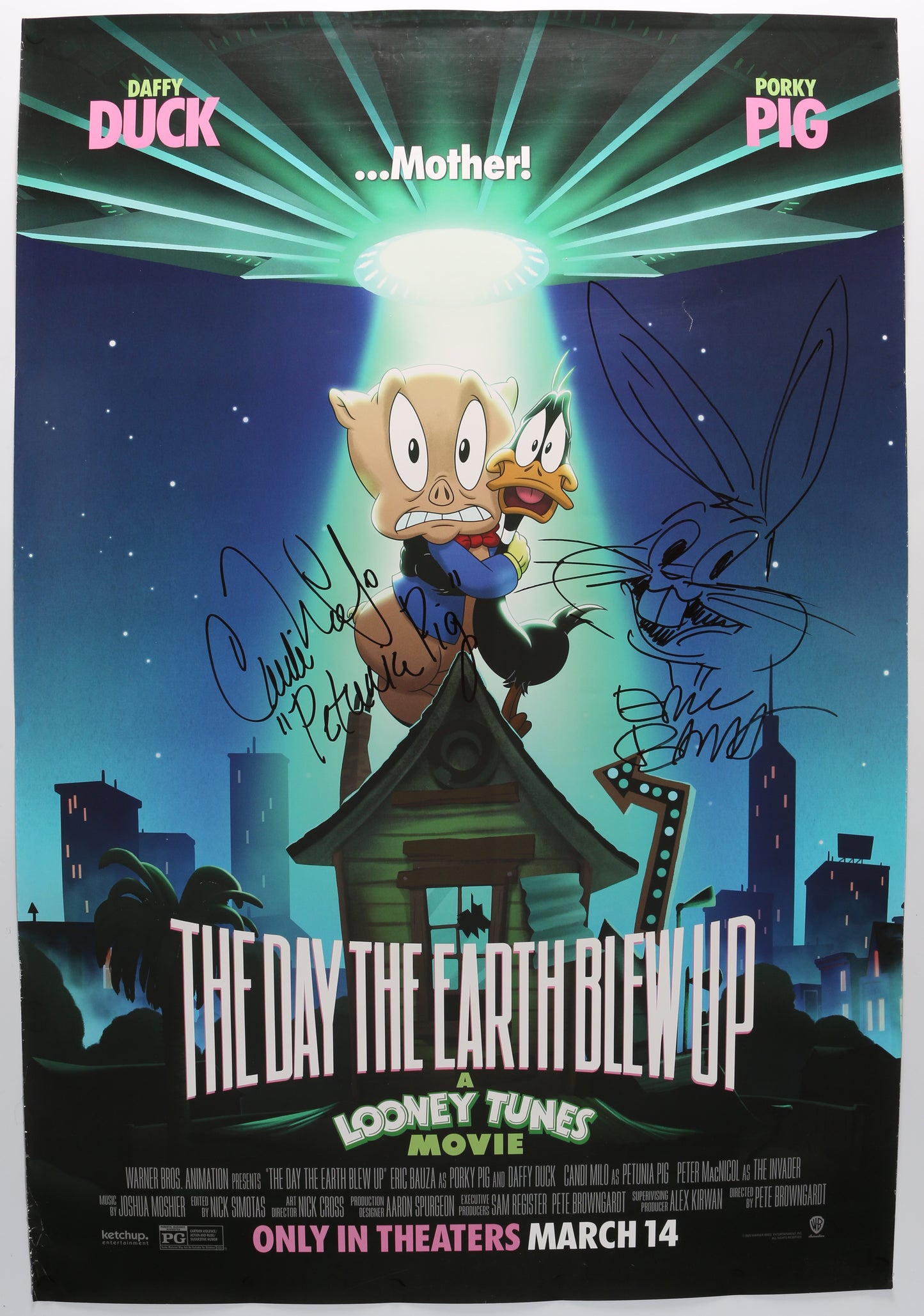 
                  
                    Eric Bauza as Daffy Duck / Porky Pig & Candi Milo as Petunia Pig / An Old Lady in Looney Tunes: The Day the Earth Blew Up Signed 27x40 Poster with Character Name & Bugs Bunny Sketch Art
                  
                