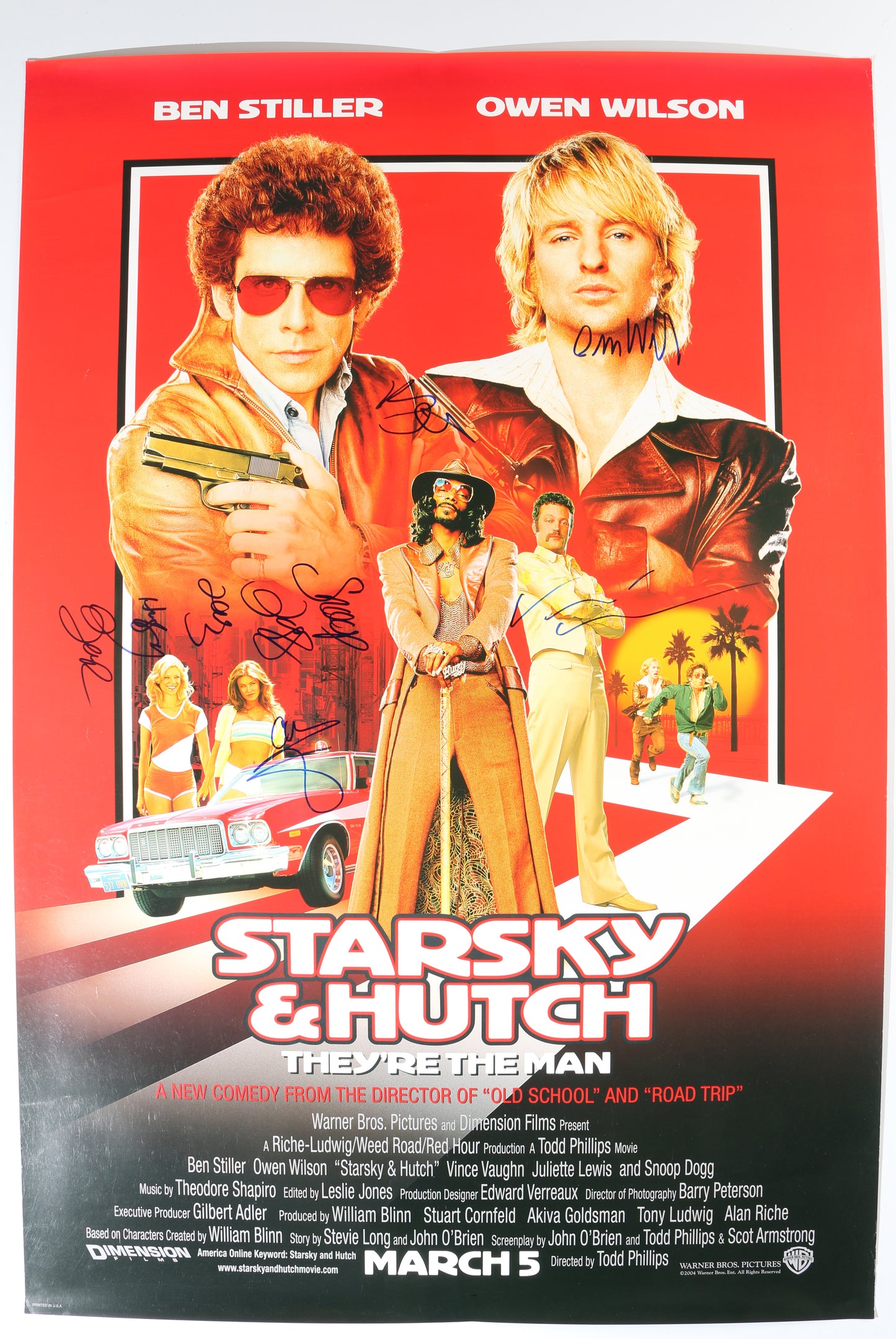 
                  
                    Starsky & Hutch 27x40 Poster Cast Signed by Ben Stiller, Owen Wilson, Snoop Dogg, Vince Vaughn, & Carmen Electra
                  
                