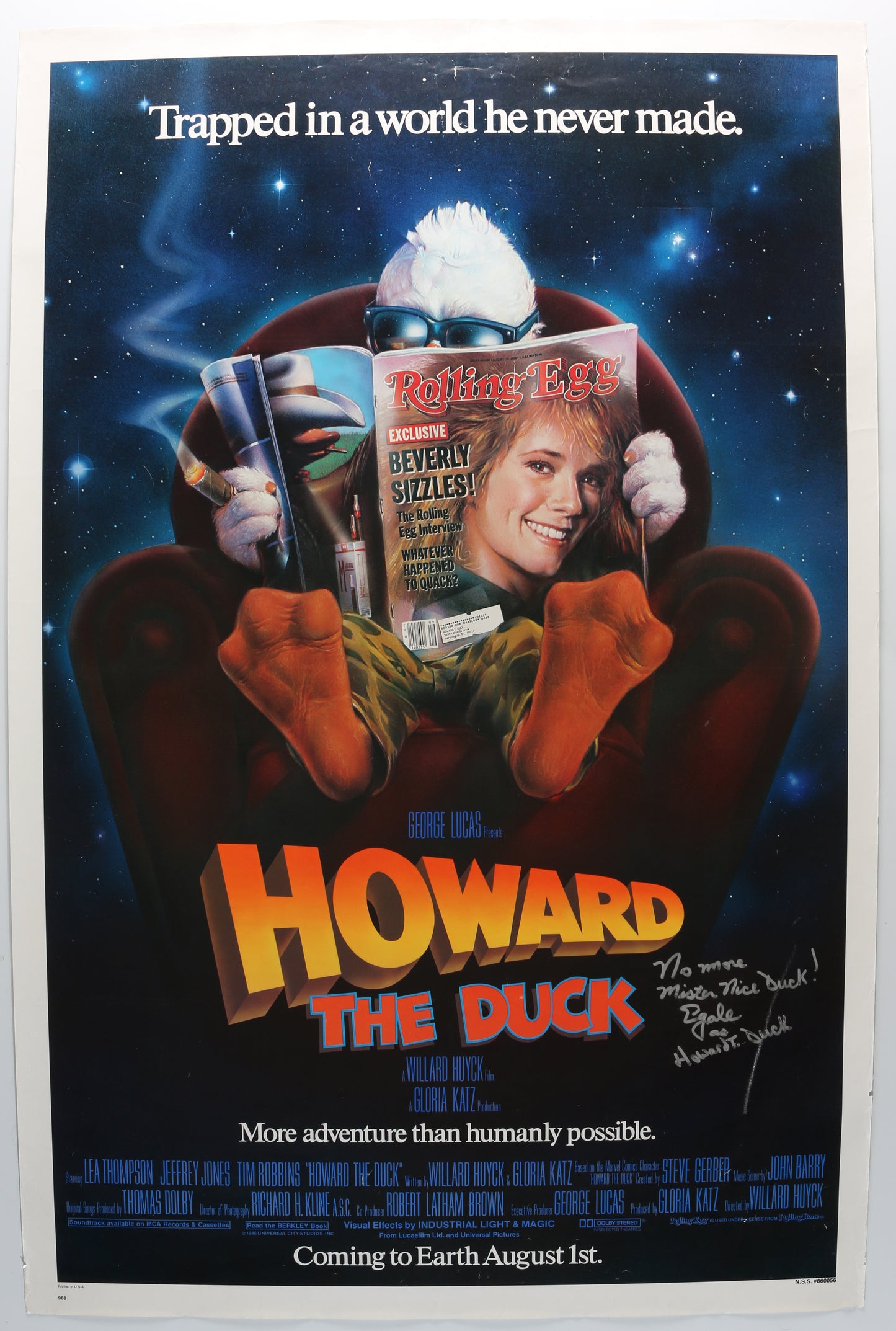 
                  
                    Ed Gale as Howard the Duck Suit Performer in Howard the Duck Signed 27x41 Poster with Character Name & Quote
                  
                