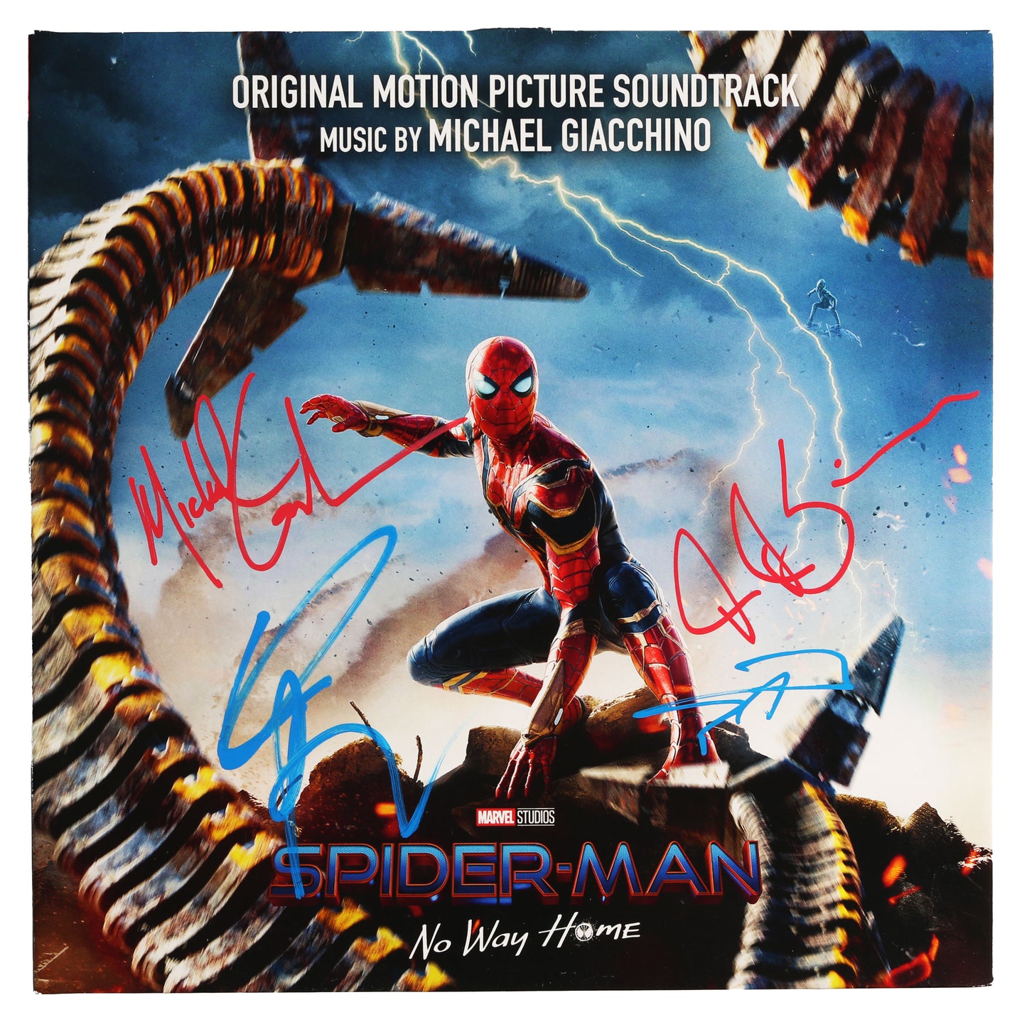 
                  
                    Spider-Man: No Way Home Soundtrack LP 12" Vinyl Record Cast Signed by Willem Dafoe, J. K. Simmons, Tony Revolori, & Composer: Michael Giacchino
                  
                